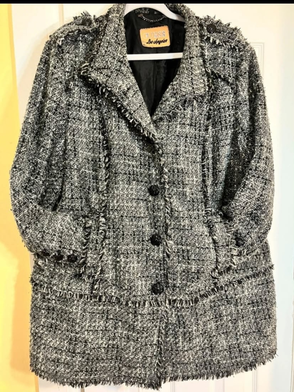 GUESS Los Angeles Tweed Fringed Long Blazer Coat 2X